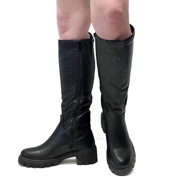 New Black Round Toe Chunky Heel Knee High Riding Boots - Picture 4 of 5